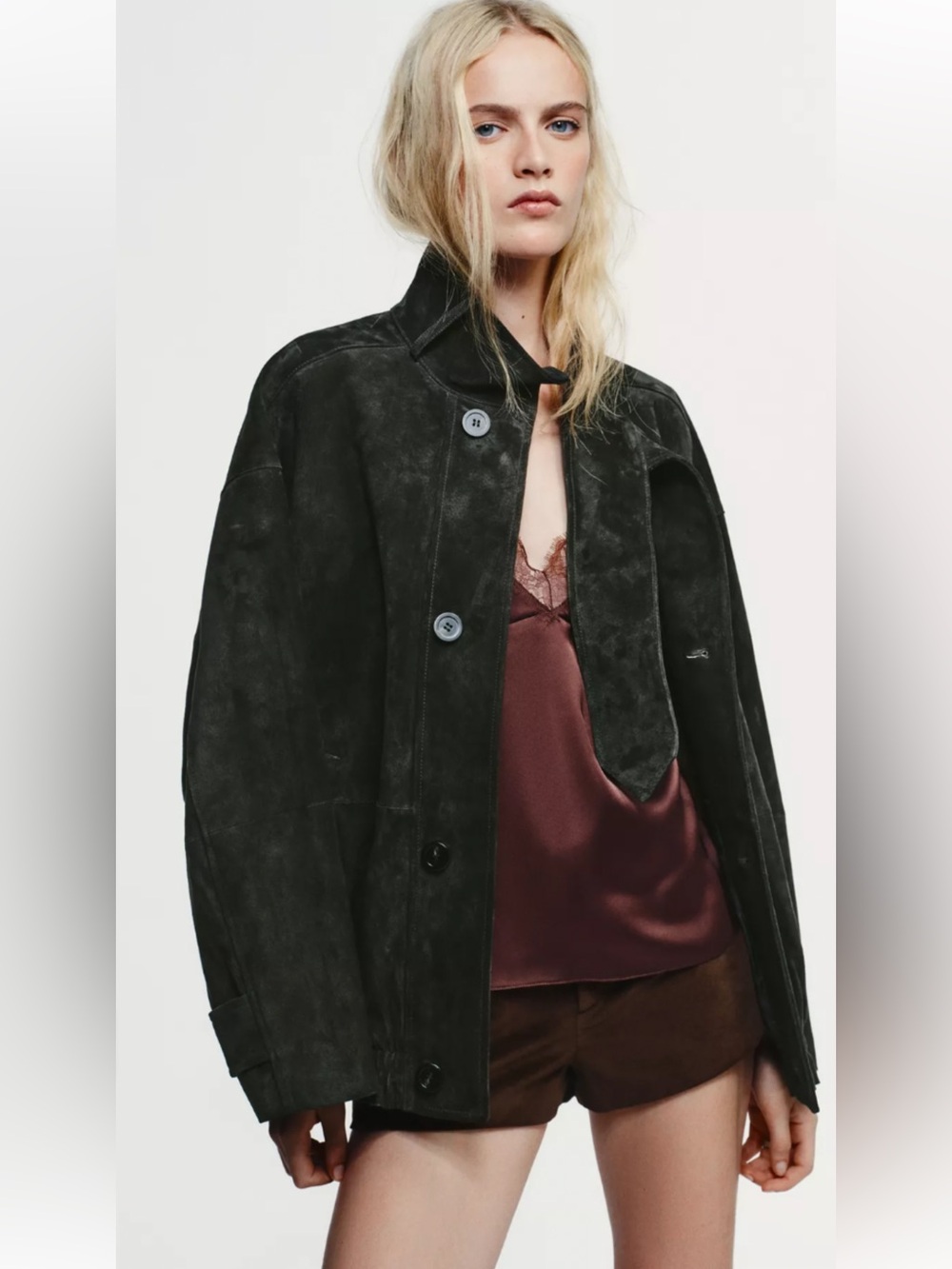 NWT Zara Suede Leather High Neck Button-Front Jacket in Dark Green Size M